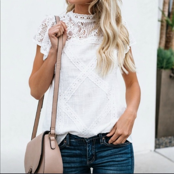 Tops - White Boho Border Lace Flutter Sleeve Blouse New
